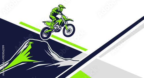 Illustration of a motorcross rider on a green bike leaping over a stylized mountain, conveying speed, adventure, and skill in a dynamic, graphic design with bold lines and colors.