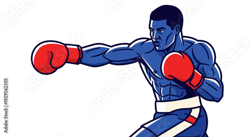 Illustration of a muscular boxer throwing a punch, wearing red boxing gloves and blue trunks, against a clean white backdrop, suitable for sports-related designs.