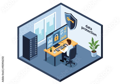 Isometric 3D vector illustration of IT security team monitoring data on screens representing cybersecurity protection, digital safety and enterprise technology