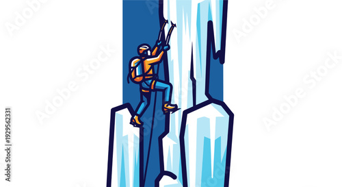Vector illustration of a courageous ice climber ascending a frozen waterfall with ice axes, showcasing determination and adventure in a stylized graphic design.