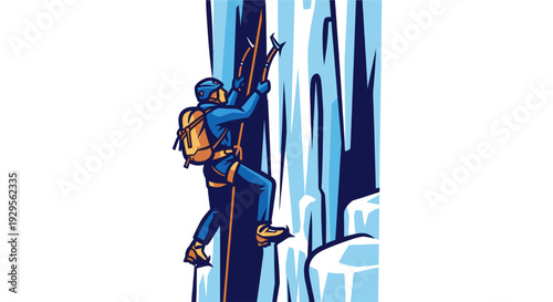 Illustration of a man ice climbing a frozen waterfall, wearing a helmet and backpack, using axes; great for illustrating adventure, sports, or winter themes.