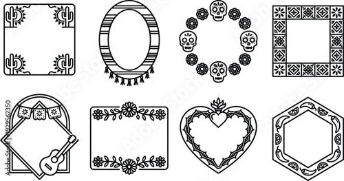 Collection of festive and decorative Mexican themed border frames with various cultural icons and motifs