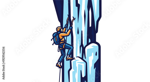 Stylized illustration of an ice climber with a backpack and helmet ascending a frozen waterfall using ice axes, rendered in cool blues, whites, and vibrant orange against a white background.