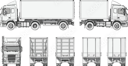 Cargo box truck blueprint set, delivery lorry front side and rear views, commercial transport vehicle technical drawing, logistics fleet vector illustration