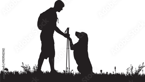 Hiker silhouette with backpack and trekking poles greeting a loyal dog on grass, outdoor adventure companionship scene, minimal black cutout on white background