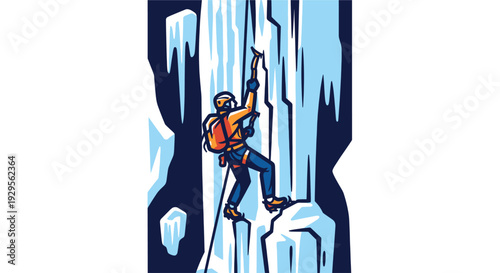 Dynamic vector image of an ice climber ascending a frozen waterfall, showcasing their skill and the beauty of winter sports with cool blues and warm oranges.
