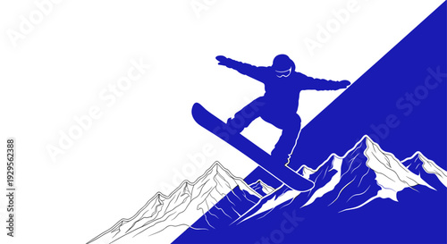 A blue silhouette of a snowboarder jumping over mountain peaks, set against a blue and white background, evoking a sense of freedom and adventure in winter sports.
