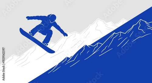 Stylized blue snowboarder performs a jump against a mountain landscape with white and gray snowy peaks in a minimal illustration.