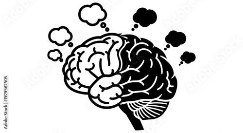 Illustration of human brain with thought bubbles, symbolizing thinking and ideas, from a straightforward front view, Whisk_650948a030c5a878e114f3cb8505d5dfdr.svg