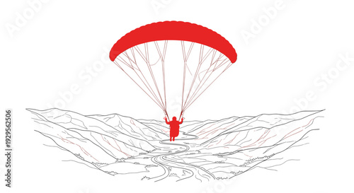 An illustration features a red paraglider soaring over a winding river and mountain range, creating a sense of adventure and freedom against a white background.