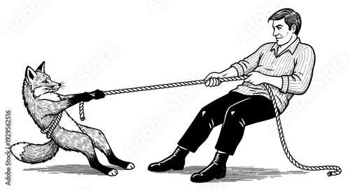 Fox and man engaged in an intense tug of war competition, pulling a sturdy rope with great effort and determination in a classic hand-drawn illustration style depicting strength and challenge.