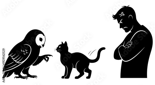 Stylized black silhouette illustrating a symbolic chain of blame, disagreement, and anger between an owl, a cat, and a frustrated man figure.