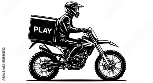 Motorcycle delivery rider on a dirt bike, wearing a helmet and protective gear, in a dynamic black and white illustration, showcasing fast courier service.