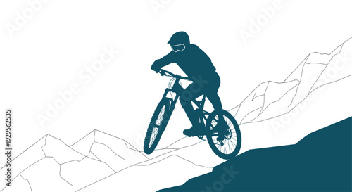 Silhouette illustration of a mountain biker riding downhill, featuring clean lines against a white backdrop, suitable for adventure, sport, or outdoor themed designs and digital artwork.