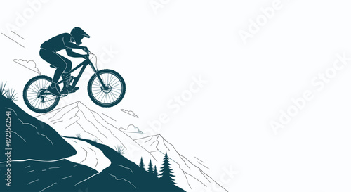 Vector illustration of a mountain biker jumping on a downhill trail, featuring a simple, clean design against a bright white background. Ideal for sports and recreation themes.