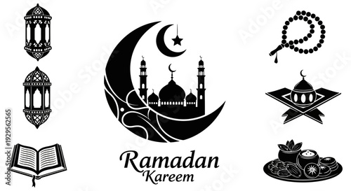 Illustration of Ramadan Kareem with mosque, lanterns, and prayer beads on a white background in a vector format from a front viewpoint