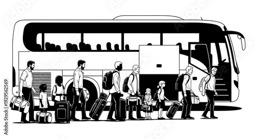 Passengers lining up to board a large tour bus, ready for a journey or travel adventure, showcasing public transportation and group travel concept illustration.