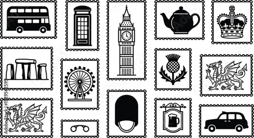 Collection of iconic British symbols displayed as postage stamps isolated on a white background