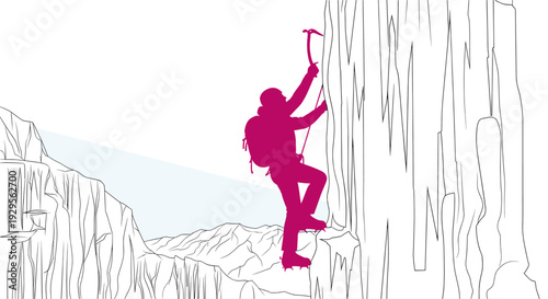 Dramatic magenta silhouette of an ice climber using an axe on a frozen waterfall, set against a stark white background, conveying adventure and extreme sports.