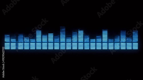Audio Equalizer Bars Pulsating Vibrant Blue Light Visualizing Sound Frequencies on Black Background