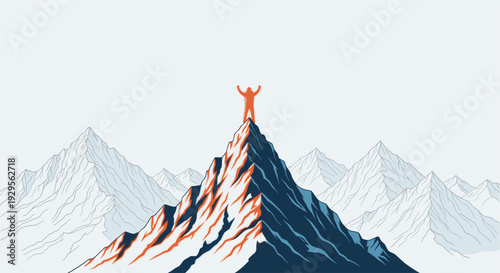 Abstract illustration depicts a figure on a mountain peak with arms raised, symbolizing success and achievement against a light background. Ideal for conveying themes of ambition, leadership.