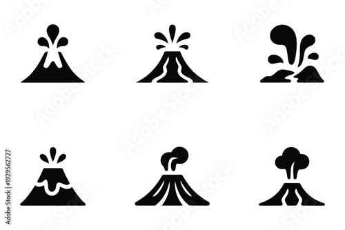 Volcano Eruption Silhouette Icons: Active, Smoking, Lava & Natural Disaster