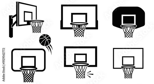 Collection of six different outline icon sets depicting various styles of basketball hoop backboard systems for sport designs and game illustrations.