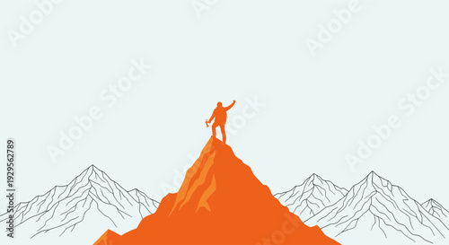 An orange silhouette of a hiker stands triumphantly atop a peak, holding an axe, with other mountains sketched in the background, conveying success, achievement, and outdoor adventure.