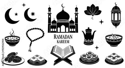 Collection of essential black and white religious icons and symbols representing Islamic culture, tradition, celebration, and observance perfect for Ramadan.