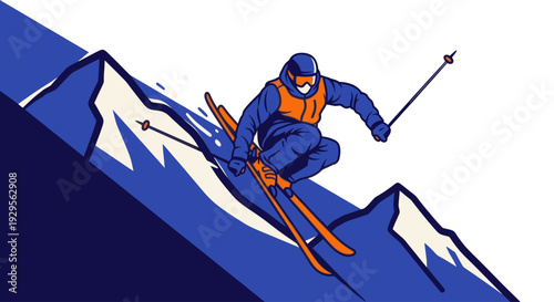Digitally created illustration of a skier jumping on snow-covered mountains, depicted in a vivid blue and orange color palette for use in sports or adventure themes.