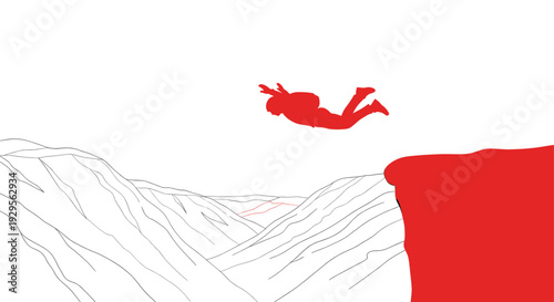 A minimalist illustration of a red skydiver jumping from a cliff edge into a valley in a stark composition, portraying extreme sports and adventure.