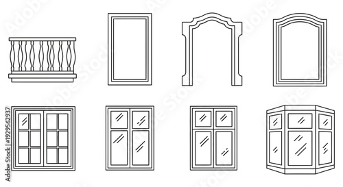 Collection of various window and door designs illustrated in a simple line art style on a minimalistic background from a straightforward viewpoint