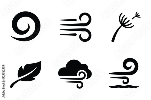 Dynamic Weather and Wind Vector Silhouette Icons - Cloud, Leaf, Dandelion