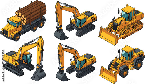 Construction machinery set with excavator bulldozer loader and logging truck, heavy equipment vector illustration isolated on white background