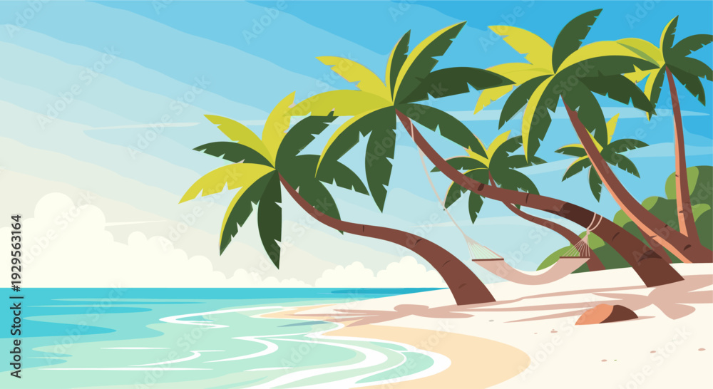 Obraz premium A vibrant cartoon illustration depicts a tropical beach with turquoise water, a white sand beach, and leaning palm trees with a hammock strung between them, creating a serene vacation vibe.
