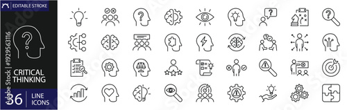Critical thinking icons set. Includes symbols of analysis, problem-solving, decision-making, reasoning, logic, and brainstorming. Editable stroke. Vector illustration. Outline icons.