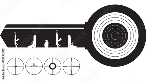 Reticules set with precision targeting symbols and scope designs for tactical aiming featuring reticule, crosshair, sniper with rifle and gun elements for firearm, shooting projects, clean