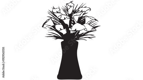 Bouquet of calla lilies in vase silhouette, elegant floral arrangement with long leaves, minimalist black and white botanical clipart on white background