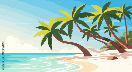 A vibrant cartoon illustration depicts a tropical beach with turquoise water, a white sand beach, and leaning palm trees with a hammock strung between them, creating a serene vacation vibe.