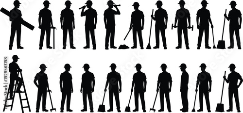 Construction worker silhouette set with tools ladder broom shovel hammer isolated on white background industrial labor vector collection