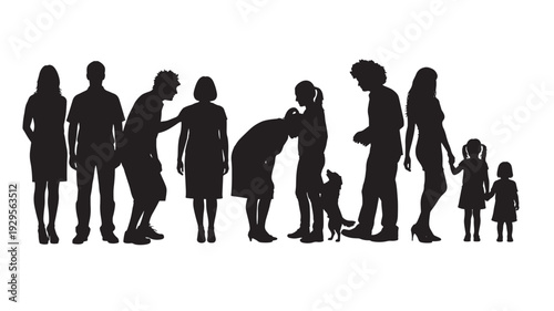 Family silhouettes group with parents, children and dog standing in a row, black cutout figures isolated on white background for social concept design