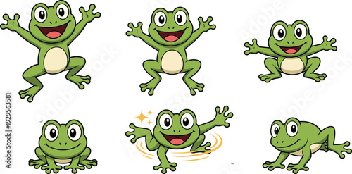 Cute cartoon frog character vector set featuring happy jumping and sitting poses isolated on white background for kids design