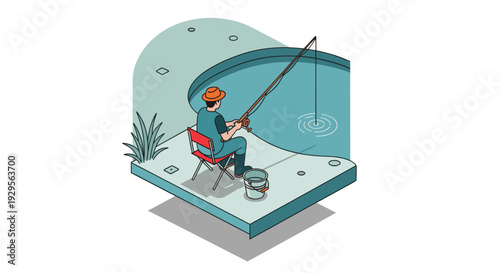 Isometric illustration of a man fishing in a pond, seated on a chair, casting a line, creating ripples, in a calm, outdoorsy setting. Good for recreational or outdoor concept.