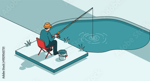 An isometric illustration shows a man fishing by a calm pond, seated on a red folding chair with a fishing rod and bucket. Blue and red color palette.