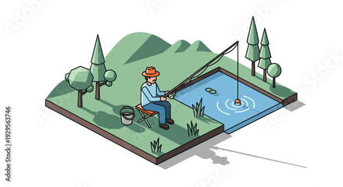 Colorful isometric illustration featuring a man fishing in a pond surrounded by trees, creating a peaceful and simplified outdoor scene ideal for infographics or backgrounds.