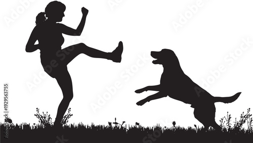 Silhouette woman training kickboxing with dog jumping and playing on grassy ground, dynamic outdoor fitness scene, black cutout figures isolated on white