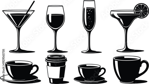 Drink glass and coffee cup silhouette set, cocktail wine champagne mug vector illustration isolated on white background
