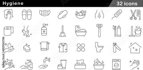 Hygiene Thin Line Icons Set Personal Care, Hand Sanitizer, Cleaning Tools, Bathroom Products and Health Protection Symbols for Daily Wellness