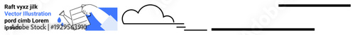 Data management, cloud computing, file upload, digital organization, storage solutions, technology innovation. Hand interacting with a document, cloud symbol and lines. Cloud computing and data
