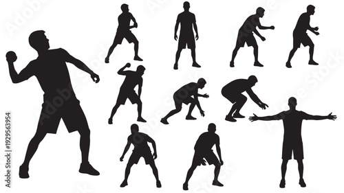 Players handball set with dynamic movement and athletic poses, silhouetted against white, sports graphics featuring silhouettes, team, game with competition and fitness elements for active, energetic